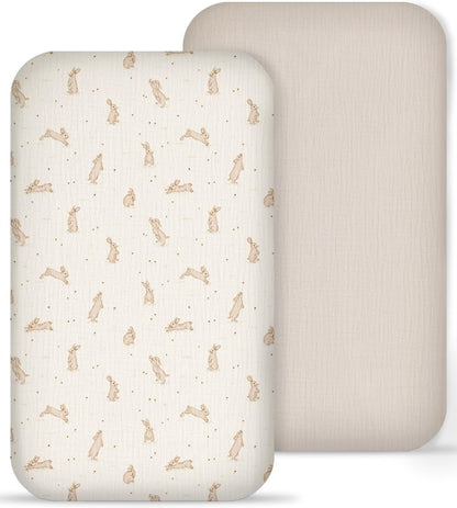 Muslin Bedside Bassinet Sheets 2 Pack, 33x20 Fitted Ultra Soft & Breathable Bedside Sleeper Sheets, Ideal for Baby Girl and Boy, Perfect for Newborns (Hopping Bunnies & Beige)