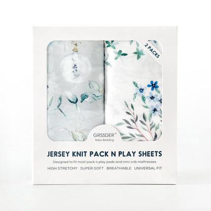 GRSSDER Stretch Ultra Soft Jersey Knit Fitted Pack n Play Playard Sheets Set 2 Pack，Fits Portable/Mini Cribs Sheets, Playards Mattress Pads, Stylish Watercolor Animals for Baby, Mint Green