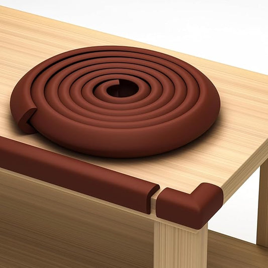Baby Proofing Kit 18ft Edge Protector & 8 Corner Protectors, Non Toxic & Soft Rubber Foam, Baby Bumper & Corner Covers for Table, Desk, Crib, Fireplace, 3M Adhesive, Brown