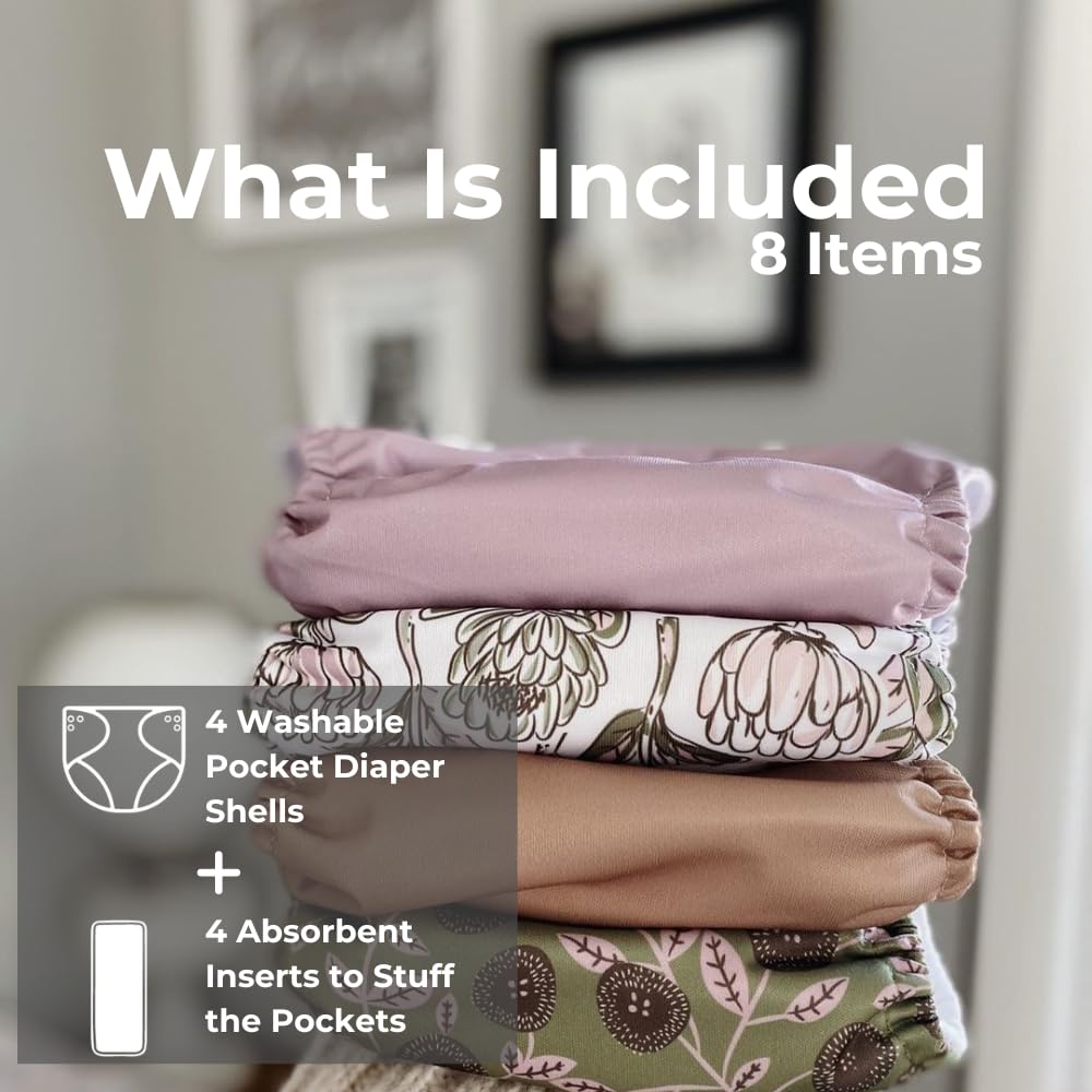 Nora's Nursery Cloth Pocket Diapers 4 Pack with 4 Inserts - Waterproof Cover, Washable, Reusable & One Size Adjustable Pocket Diapers for Newborns and Toddlers - Mama Bear