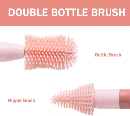 Travel Bottle Brush, 6-in-1 Portable Travel Bottle Cleaner Kit with Small Bottle Brush Built in Drying Rack, Nipple Brush, Straw Brush, Soap Dispenser, for Baby Bottles Under 8 OZ, BPA-Free(Yellow)