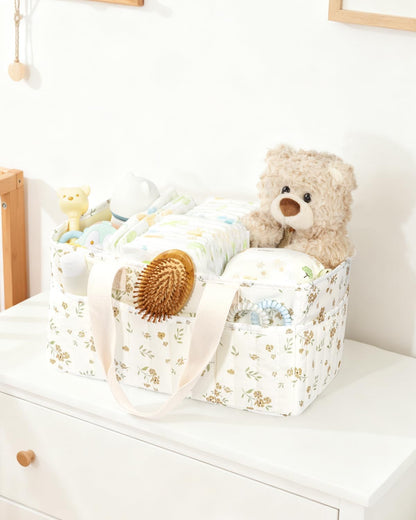 BuyCard Floral Baby Diaper Caddy Organizer, Large Quilted Nursery Storage Basket with Handle, Gift for Baby Shower, Newborn Parents Gift