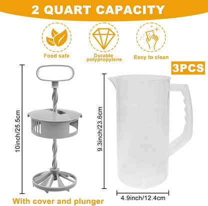 1 Pack Mixing Pitcher for Drinks 2 Quart/ 64oz Plastic Water Pitcher with Lid，Easy-Mix Juice Container，Angled Plastic Blades and Adjustable Mixer Plunger for Juice, Tea, Beverage Container