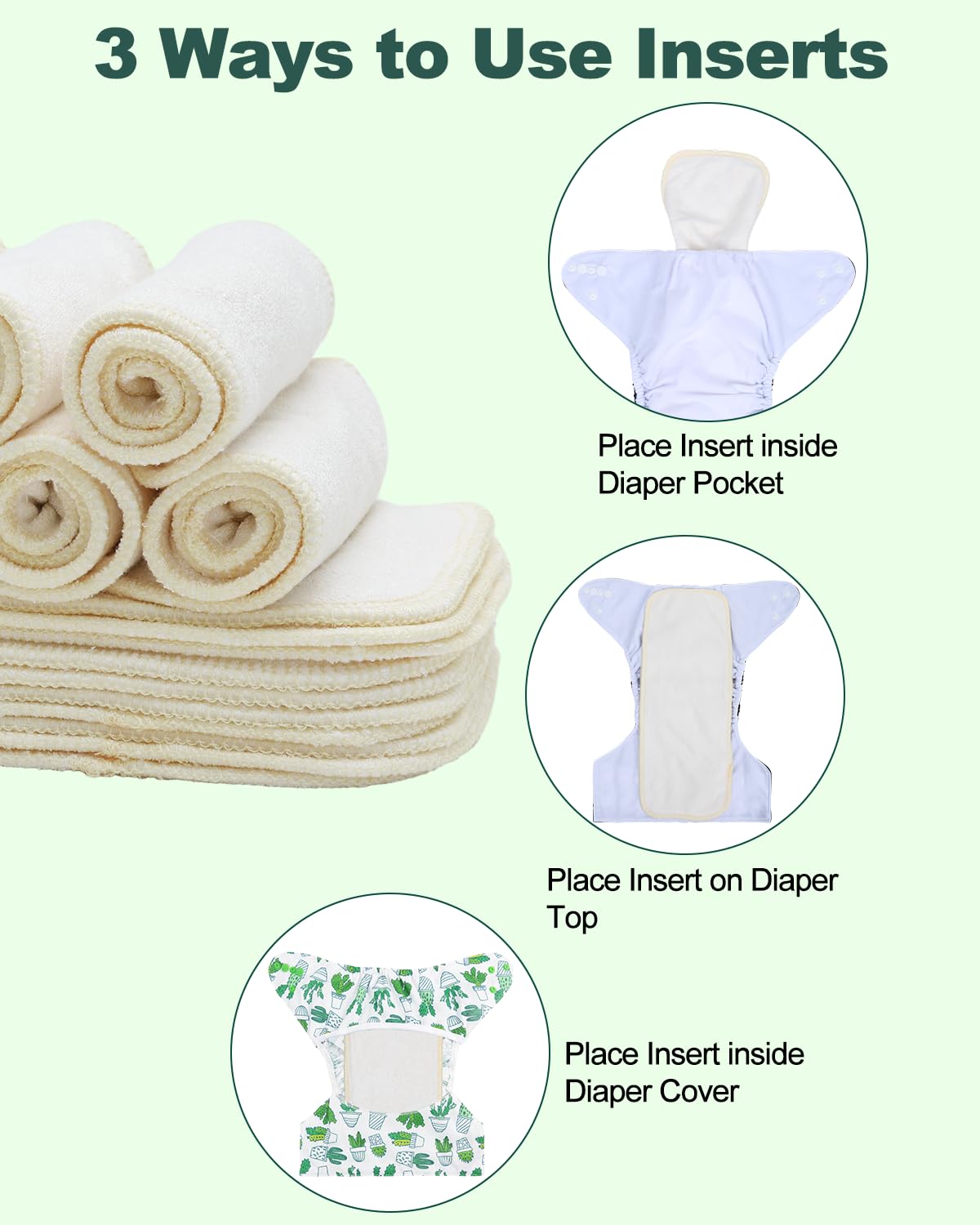 Babygoal Reusable Cloth Diaper Inserts Pack of 12, Absorbent & Breathable Liners, 3-Layer Microfiber Inserts for Cloth Diapers