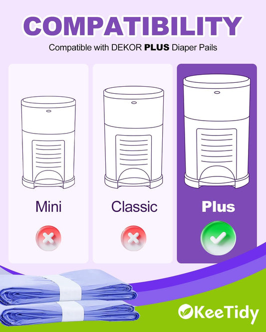 Diaper Pail Refill Bags Compatible with DEKOR PLUS Diaper Pails, 20% Extra Length Diaper Bags Disposable with Lavender Flavor, Holds up to 5940 Diapers, 10 Pack