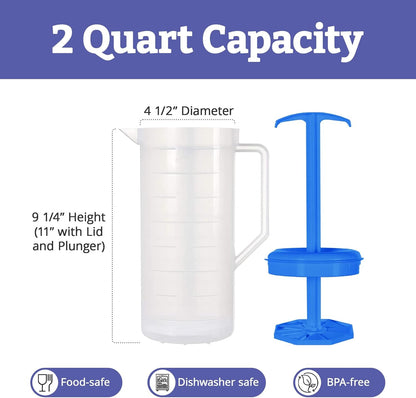 JBK Pottery 2-Quart White Mixing Pitcher with Plunger – BPA-Free Plastic Mixing Jug for Juice, Milk, Tea, Shakes, and More – Dishwasher-Safe, Spill-Proof Lid, Smart Stirring Design