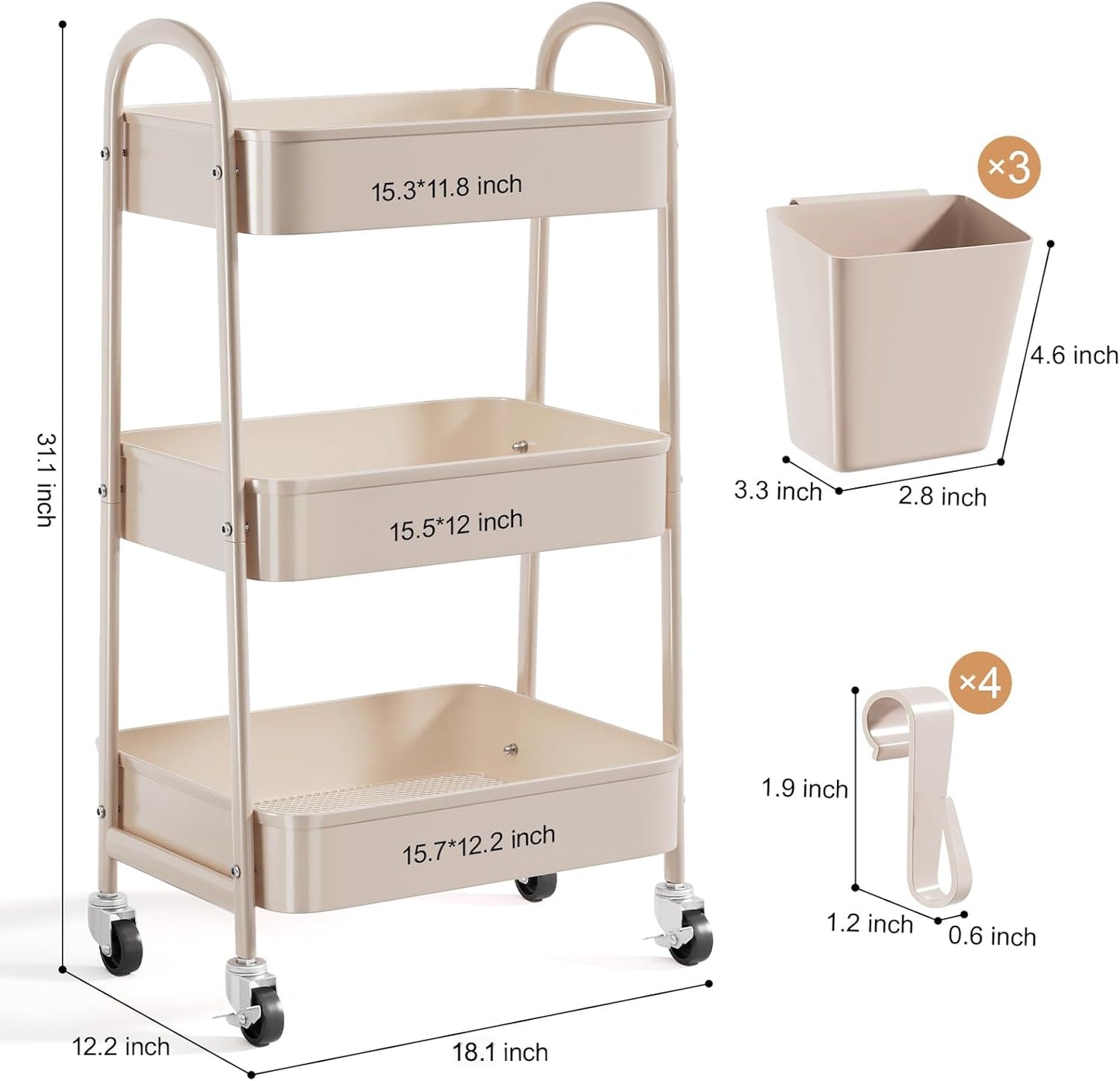 3 Tier Heavy Duty White Metal Rolling Cart with Lockable Wheels, Three Tier Roller Book Snack Cart, Utility Storage Organizer Carts for Kitchen, Bathroom, Garage, Baby Diaper, Craft, Art, Teacher