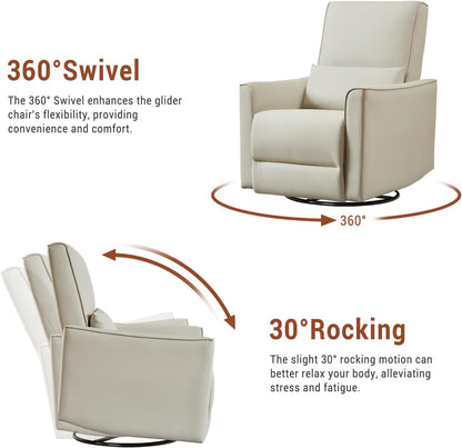 GarveeHome Recliner Chair, 360° Swivel Rocker Glider Nursery Chair with Padded Armrest and Deep Seat, PU Leather Upholstered Reclining Sofa Chair for Living Room, Bedroom and Nursery (White)