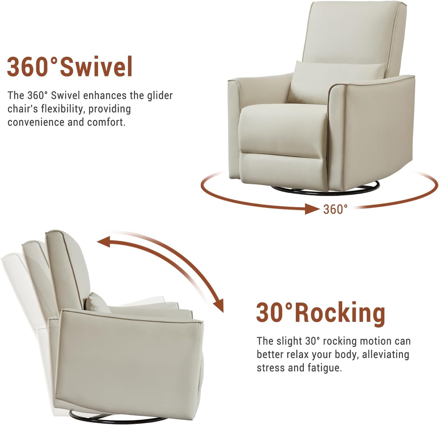 GAOMON Swivel Rocking Recliner Chair, Manual Leather Recliner Glider with Lumbar Support & Padded Armrest, Comfortable Rocker Nursery Single Sofa for Living Room and Bedroom (Cream)