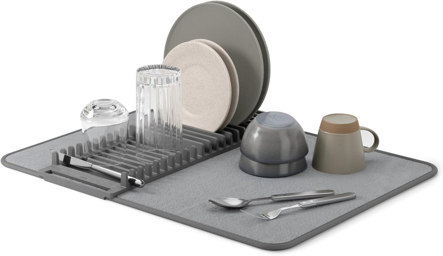 Umbra Udry Dish Rack and Microfiber Drying Mat – Space-Saving Design Folds Up for Easy Storage, Mini Rack, Gray