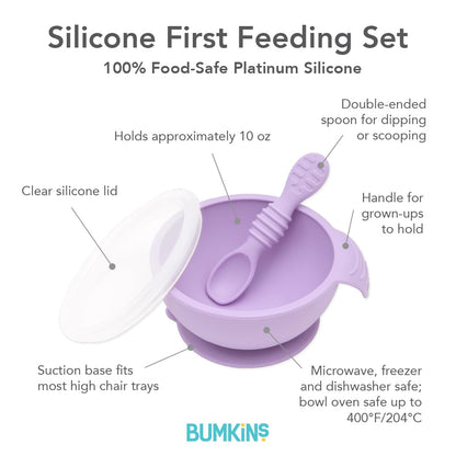 Bumkins Baby Bowl, Silicone Feeding Set with Suction for Baby and Toddler, Includes Spoon and Lid, First Feeding Set, Training Essentials for Baby Led Weaning for Babies 4 Months Up, Sage