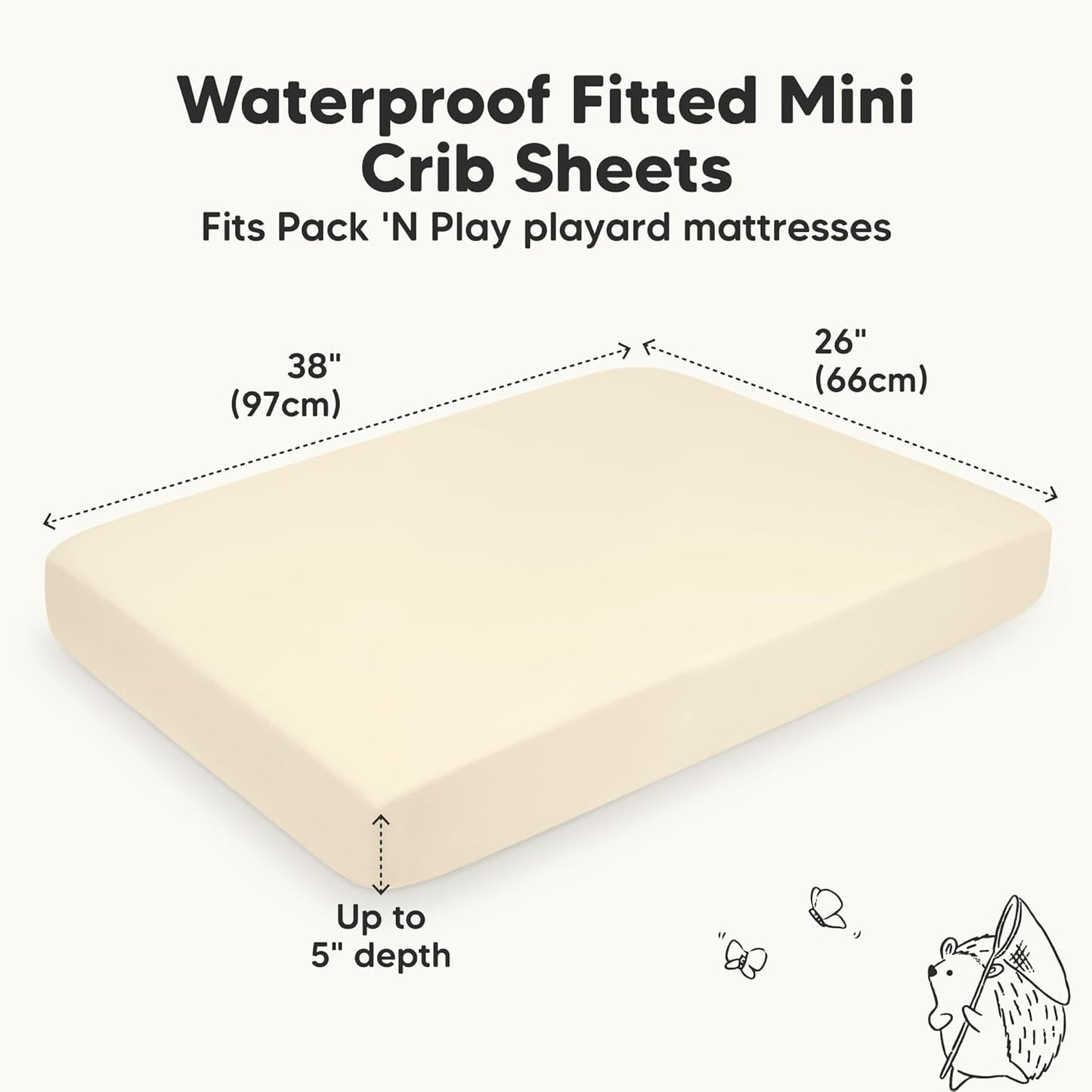 2-Pack Waterproof Pack and Play Sheets, Mini Crib Sheets Fitted for Boy, Girl - 38 x 26 Viscose from Bamboo Pack N Play Mattress Sheets for Graco, Toddler Playard Baby Crib Sheets Neutral (Blue Flax) - Colors B