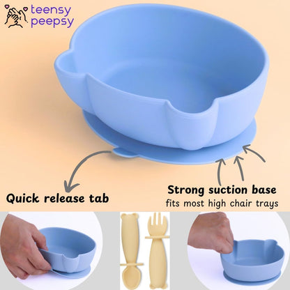 Silicone Bear Shaped Baby Bowl with Suction, Spoon & Fork for Babies 6+ Months, Infant Feeding BLW Baby Essentials Must Haves, BPA Free, Dishwasher Safe (Very Bear)
