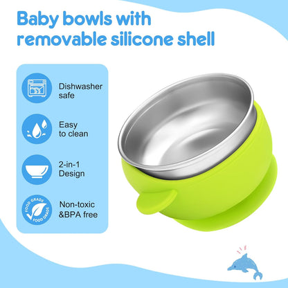 2 Pack Stainless Steel Baby Bowls with Removable Non-Slip Silicone Suction Shell, Anti Scald Food Container for Baby Food Feeding, Forks + Spoons Included-Blue & Pink