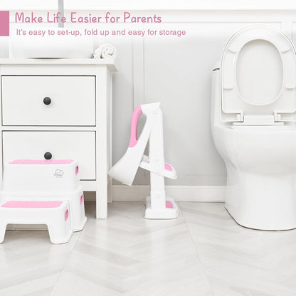 Forbena Potty Training Toilet Seat with Step Stool Ladder, Toddler Kids Potty Seat for Boys Girls, Non Slip Foldable Toilet Training Seat with Soft Cushion, Comfortable Handles (White-Grey)