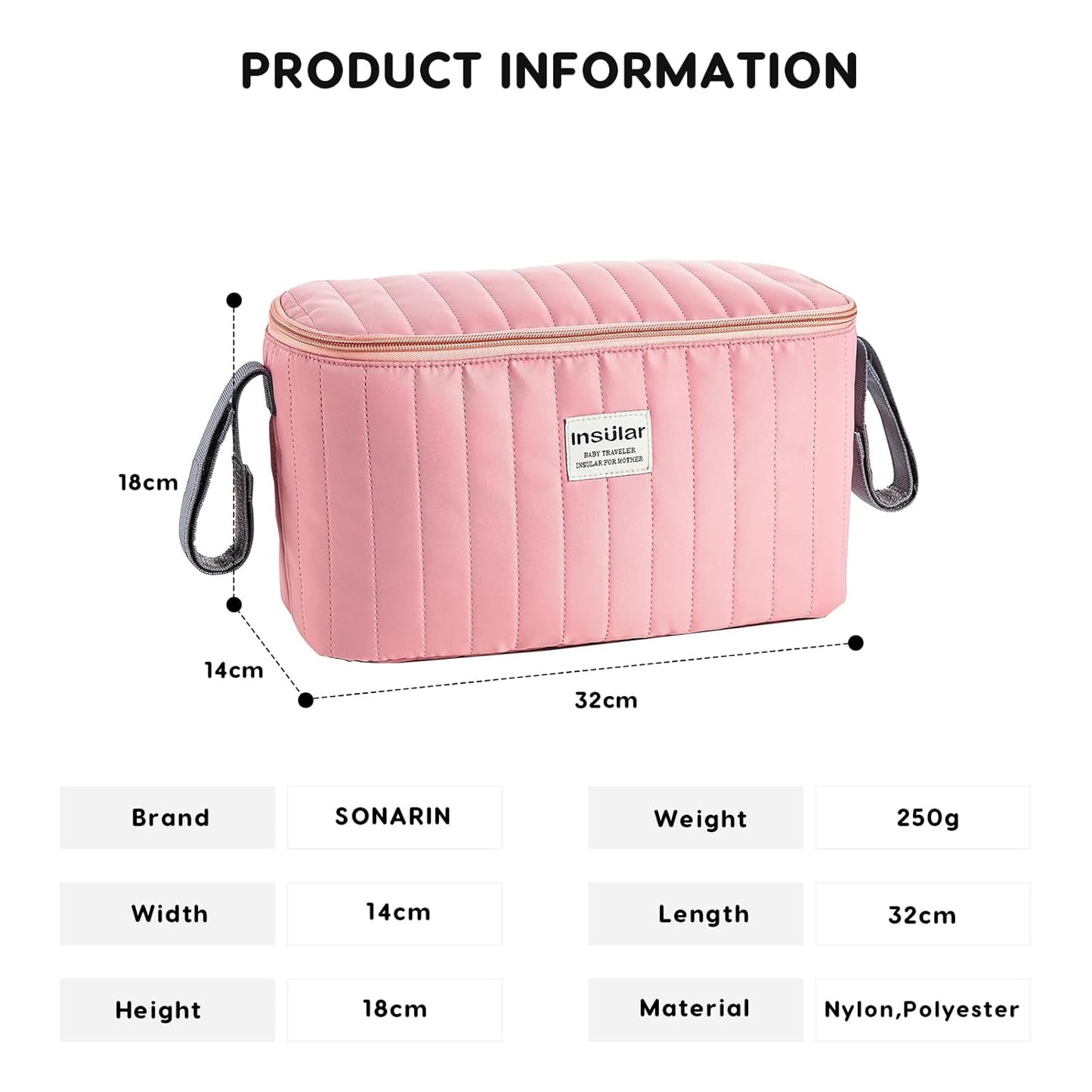 SONARIN Multifunctional Waterproof Pram Buggy Bag Organiser,Portable Lightweight Baby Stroller Bag Organizer Pushchair Storage Bag,Universal Fit All Buggy(Pink)