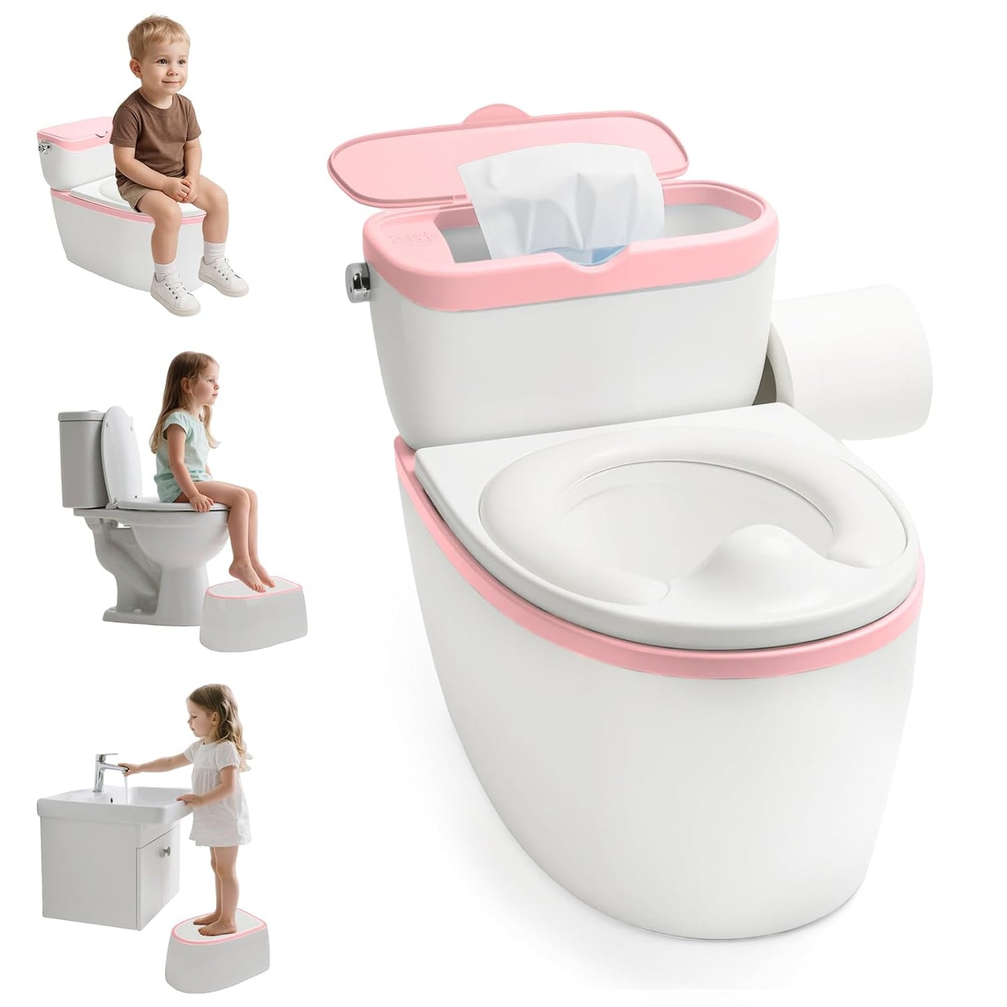 TOSGN 3-in-1 Toddler Potty Training Toilet, for Ages 6 Months+, Realistic Potty Training Seat with Flushing Sound, Wipes Storage, Toilet Paper Holder
