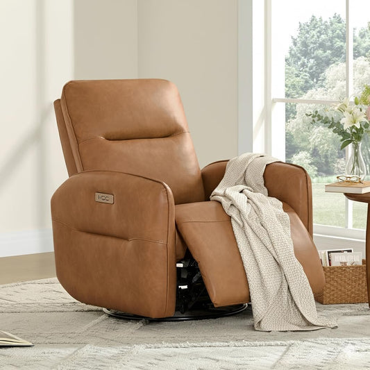 CHITA Power Recliner Chair, Faux Leather Swivel Glider for Adults, Electric Nursery Rocking Chair with USB & Type-C Charging for Living Room, Bedroom, Chocolate Brown