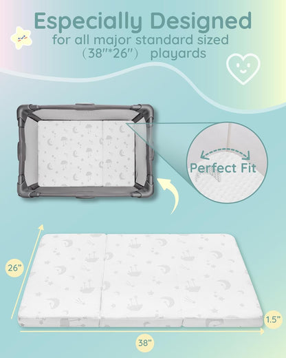 Lilian&Gema Pack and Play Mattress 38"x26"x1.5", Pack N Play Mattresses Pad for Play Pen and Playard, Premium Foam Playpen Mattress Topper with Washable Cover & Traveling Bag for Baby Toddler