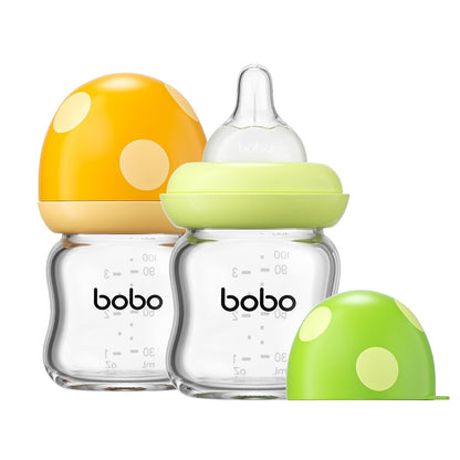 YOHKOH Natural Glass Baby Bottle with Level 1 Slow Flow Nipple, Newborn Anti-Colic Baby Bottles, Wide Neck Mushroom Baby Glass Bottle (Multicolour-A, 3.4oz (Pack of 4))