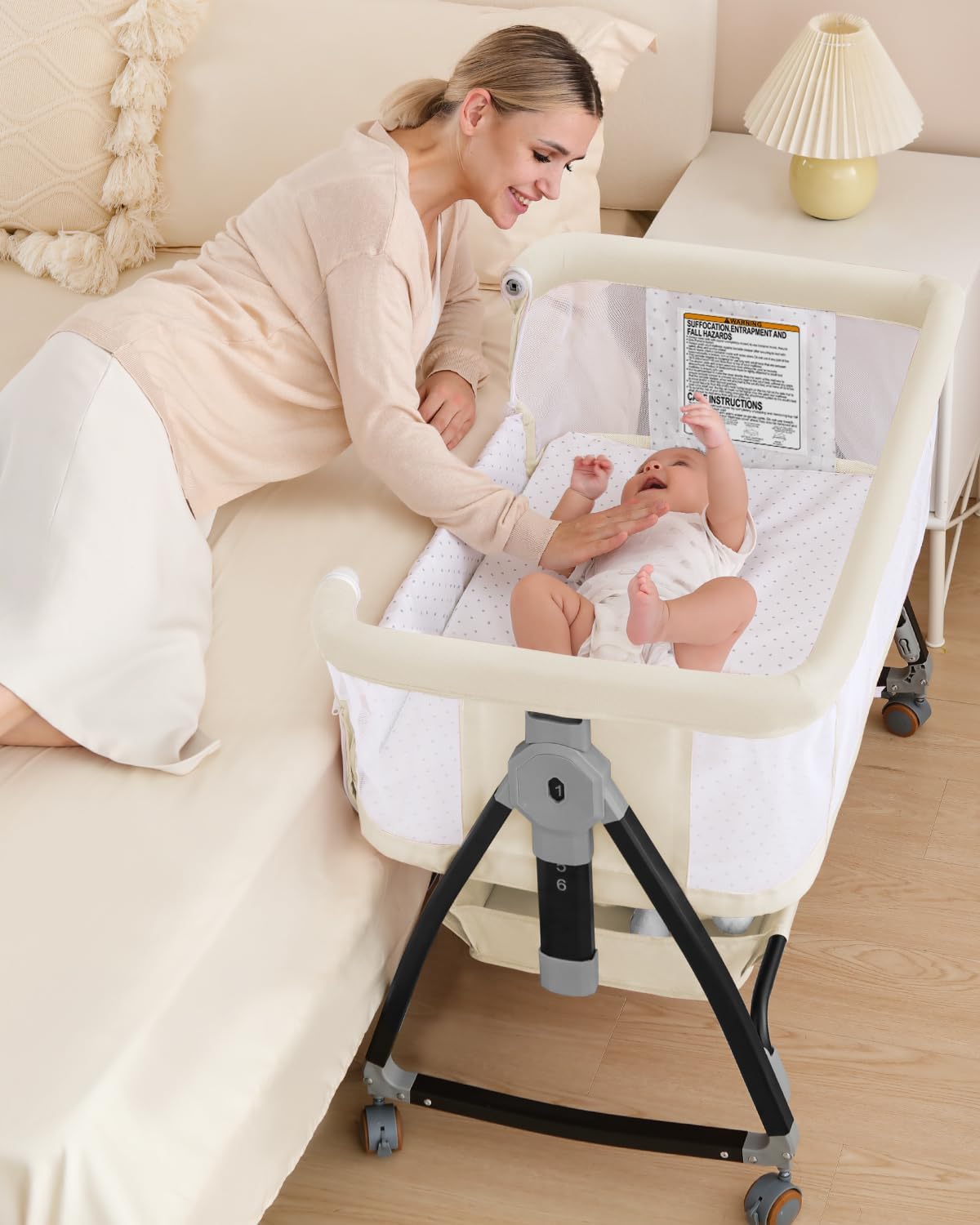 Bedside Bassinet for Baby, 3 in 1 Breathable Mesh Baby Bassinet, 6 Height Adjustable, Easy to Assemble, Bassinet Bedside Sleeper with Wheels, Mosquito Net, Storage Basket, Bassinets for Newborn Baby | Multi-functional