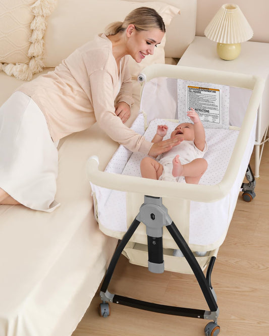 Bedside Bassinet for Baby, 3 in 1 Breathable Mesh Baby Bassinet, 6 Height Adjustable, Easy to Assemble, Bassinet Bedside Sleeper with Wheels, Mosquito Net, Storage Basket, Bassinets for Newborn Baby | Multi-functional