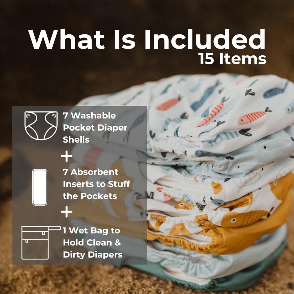 Nora's Nursery Cloth Diapers 7 Pack with 7 Inserts & 1 Wet Bag - Waterproof Cover, Washable, Reusable & One Size Adjustable Pocket Diapers for Newborns and Toddlers - Delilah