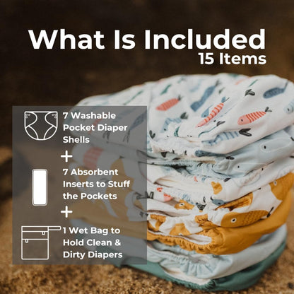 Nora's Nursery Cloth Diapers 7 Pack with 7 Inserts & 1 Wet Bag - Waterproof Cover, Washable, Reusable & One Size Adjustable Pocket Diapers for Newborns and Toddlers - Delilah