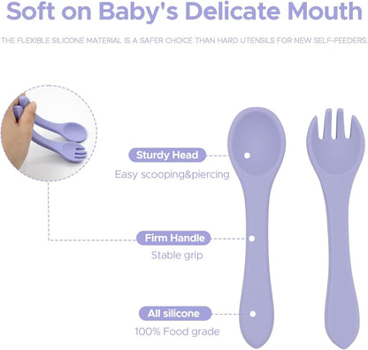 BabyX Baby Silicone Feeder Set, 3-pcs Butterfly-themed Baby Bowl with Suction, Spoon and Fork for Babies Toddler Kids, BPA-Free, Baby Utensils Feeding Supplies, Microwave and Dishwasher Safe