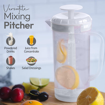 JBK Pottery 1 Quart Plastic Mixing Pitcher with Mixing Lid, BPA Free, Shatterproof Beverage Jug for Iced Tea, Lemonade, Juices, Milk – Leak-Proof, Easy Stirring, Dishwasher Safe | Blue