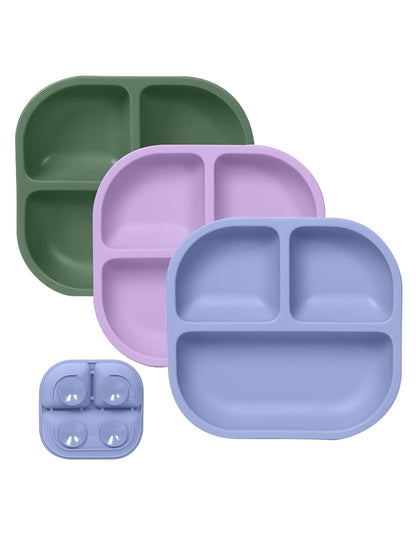 BABELIO Powerful Suction Plates for Baby and Toddler, 100% Food Grand Silicone, Divided, BPA Free, Microwave & Dishwasher Safe, Stay Put, 3 Pack