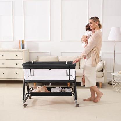 Bedside Bassinet for Baby, 3 in 1 Breathable Mesh Baby Bassinet, 6 Height Adjustable, Easy to Assemble, Bassinet Bedside Sleeper with Wheels, Mosquito Net, Storage Basket, Bassinets for Newborn Baby | Multi-functional