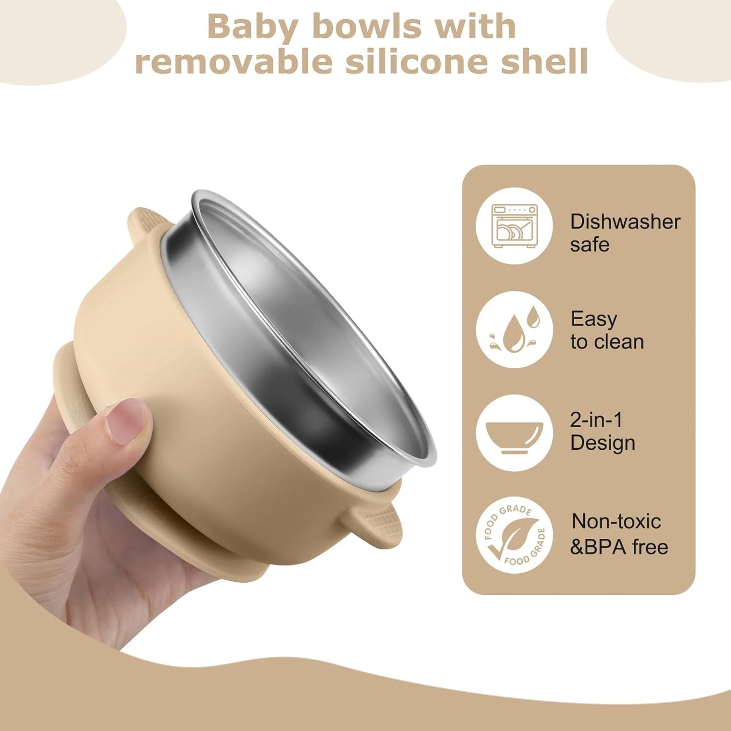 2 Pack Stainless Steel Baby Bowls with Removable Non-Slip Silicone Suction Shell and Lids, Anti Scald Food Container for Baby Food Feeding-Gray & Cream