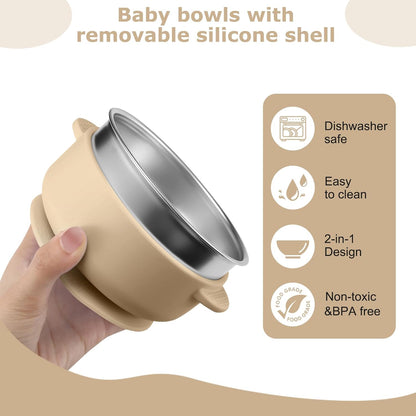 2 Pack Stainless Steel Baby Bowls with Removable Non-Slip Silicone Suction Shell and Lids, Anti Scald Food Container for Baby Food Feeding-Gray & Cream