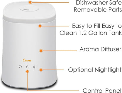 Crane 0.7 Gallon Top Fill Cool Mist Humidifier and Aroma Diffuser, with Color-Changing Night Light and Aroma Diffuser Function, Humidifier For Bedroom, Office or Nursery