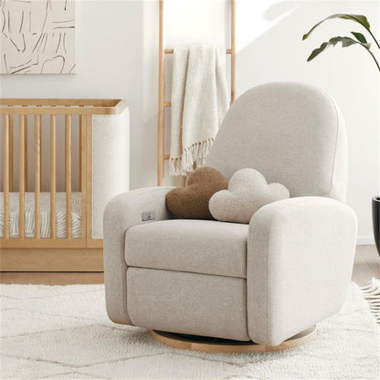 Babyletto Nami Electronic Power Recliner and Swivel Glider with USB Port in Ivory Boucle with Light Wood Base, Greenguard Gold and CertiPUR-US Certified