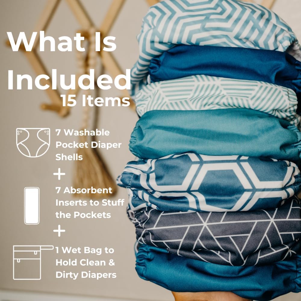 Nora's Nursery Cloth Diapers 7 Pack with 7 Inserts & 1 Wet Bag - Waterproof Cover, Washable, Reusable & One Size Adjustable Pocket Diapers for Newborns and Toddlers - Delilah