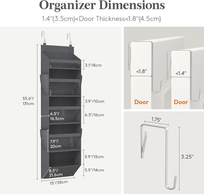 Lifewit 1 Pack Over the Door Organizer, 5 Section Clear Window Hanging Storage with 4 Side Pockets, Sturdy Anti Tilt 40 lbs Load Behind Door for Closet, Bedroom, Bathroom, Nursery, Dorm, Gray