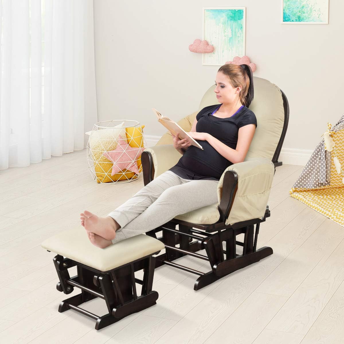 Costzon Nursery Glider with Ottoman, Upholstered Comfort Glider Rocker with Padded Cushion, Storage Pocket, Solid Wood Base, Rocking Chair Nursery for Breastfeeding, Napping (Light Gray)