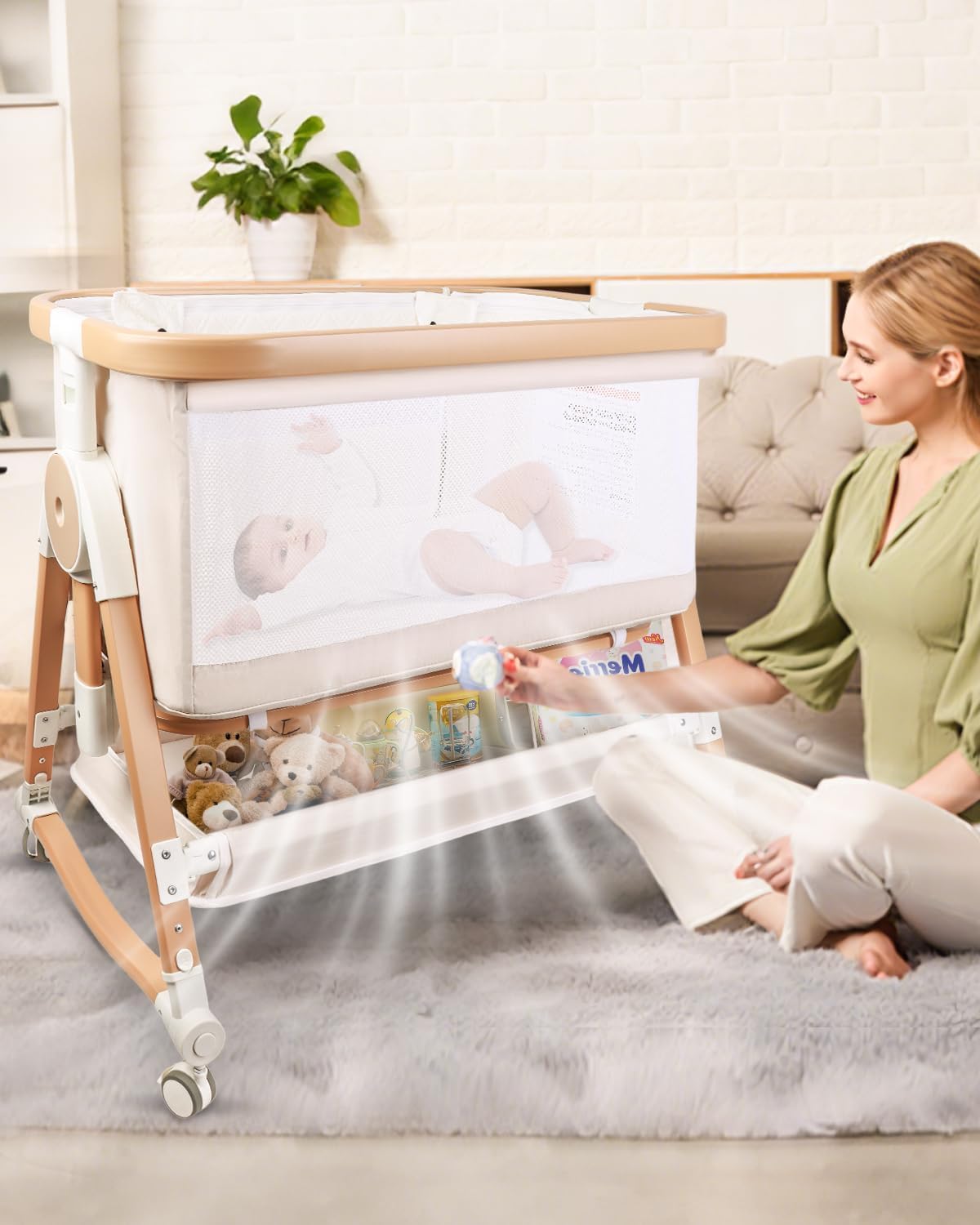 suihuooo 4 in 1 Baby Bassinet, Bassinets Bedside Sleeper with Wheels and Storage Basket, Adjustable 7 Heights Bedside Sleeper with Mosquito Net, Breathable Mesh Rocking Bassinet for Baby
