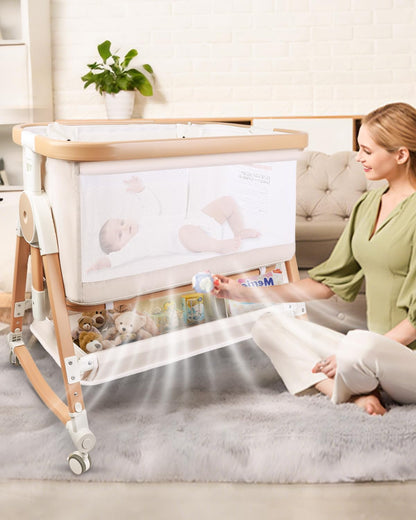 suihuooo 4 in 1 Baby Bassinet, Bassinets Bedside Sleeper with Wheels and Storage Basket, Adjustable 7 Heights Bedside Sleeper with Mosquito Net, Breathable Mesh Rocking Bassinet for Baby