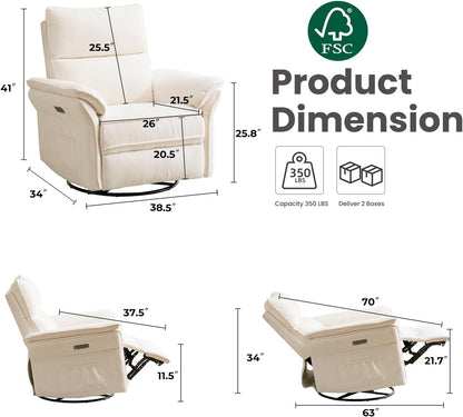 Oversized Glider Rocker Recliner, 26" Extra Wide 360° Swivel Nursery Recliner with Adjustable Headrest, Chenille Rocking Nursery Chair with Overstuffed Armrest, Lumbar Support, Light Grey