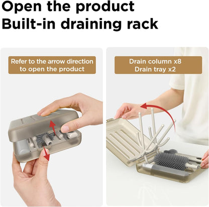 YOTIME Travel Bottle Brush, Travel Bottle Cleaner Kit with Foldable Bottle Drying Rack, for Visit Friends and Relations, Baby Travel Essentials, BPA Free, Green