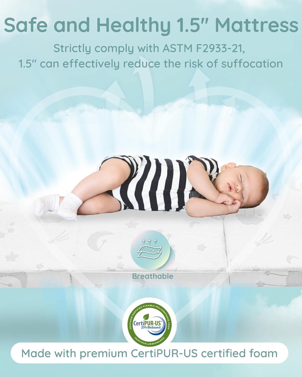 Lilian&Gema Pack and Play Mattress 38"x26"x1.5", Pack N Play Mattresses Pad for Play Pen and Playard, Premium Foam Playpen Mattress Topper with Washable Cover & Traveling Bag for Baby Toddler