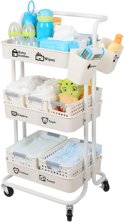 Baby Diaper Caddy Organizer Cart, 3-Tier Mobile Utility Rolling Cart with Baskets and Hanging Cups, Large Capacity Baby Essentials Storage Cart for Nursery, Changing Table & Crib, Easy to Assemble