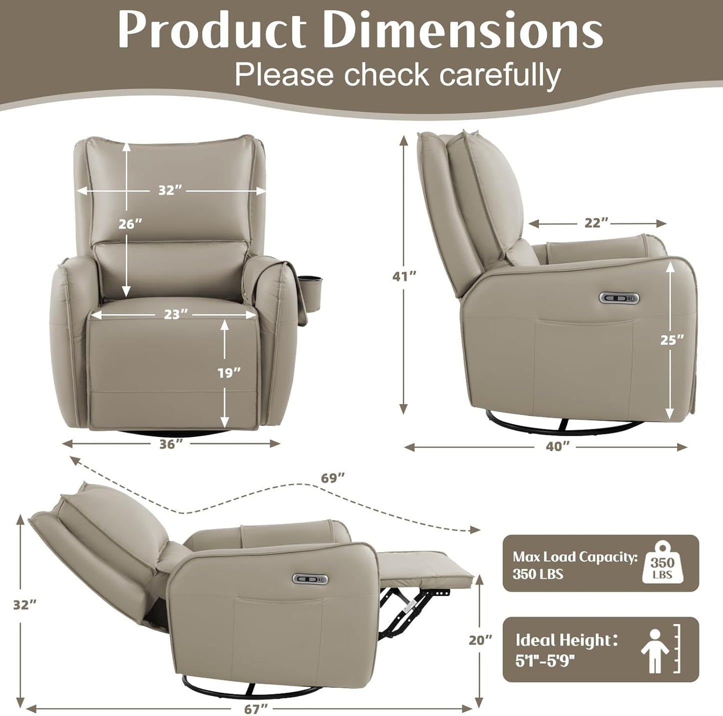 Power Recliner Gliders for Nursery, Electric Swivel Rocker Recliner Chair, Comfy Upholstered Living Room Reclining Rocking Chairs with Lumbar Support (Gray, 41" X 40" X 36")