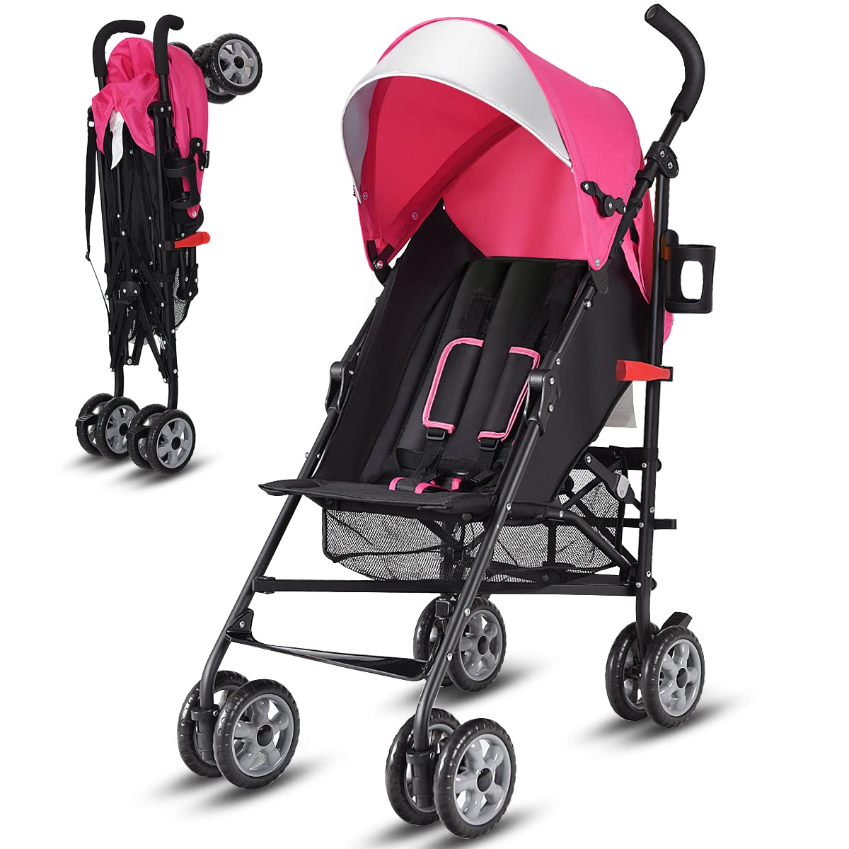 BABY JOY Lightweight Stroller, Compact Travel Stroller, Infant Stroller w/Adjustable Backrest & Canopy, Cup Holder, Storage Basket, 5-Point Harness, Easy Fold, Umbrella Stroller for Toddler, Black