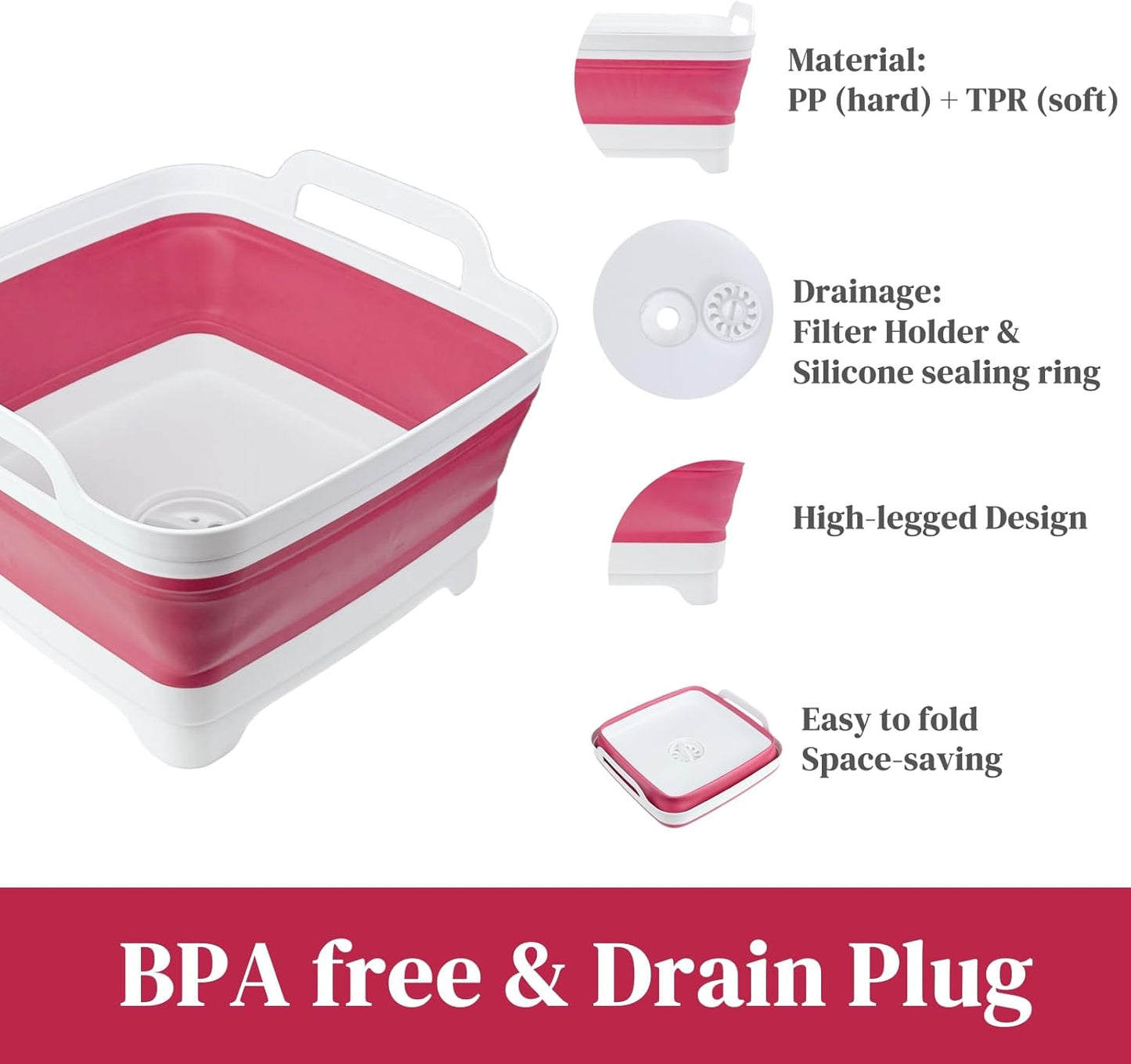 GIMWA Collapsible Wash Basin for Baby Bottles - 2.4 Gallons Portable Wash Bin for RV Camping Sink, Space-Saving Dish Tub (Pink)