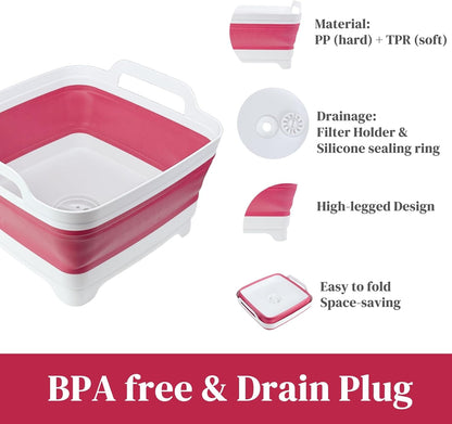 GIMWA Collapsible Wash Basin for Baby Bottles - 2.4 Gallons Portable Wash Bin for RV Camping Sink, Space-Saving Dish Tub (Pink)