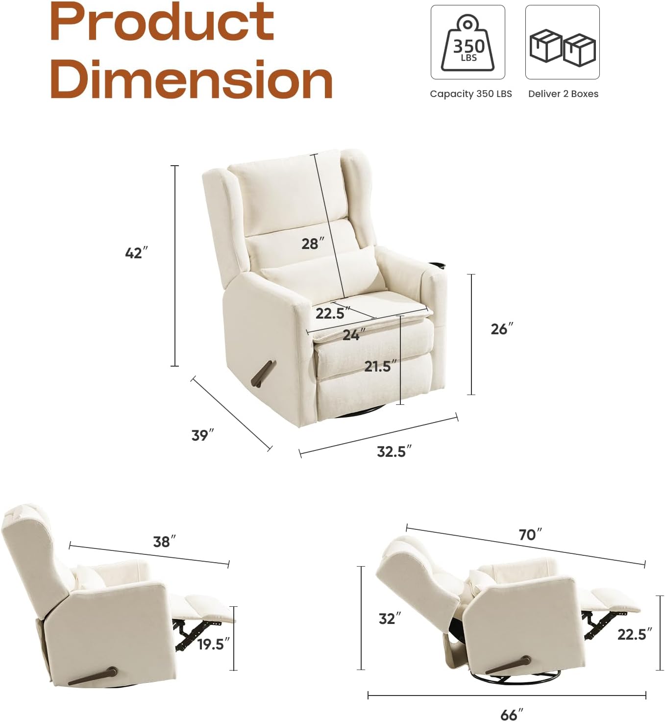 Power Recliner Chair Swivel Glider with Adjustable Headrest，Oversized Swivel Rocker Recliner with Lumbar Support, Upholstered Nursery Glider Recliner for Living Room,White